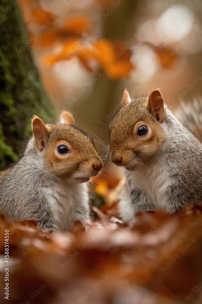 Obraz premium Pair of squirrels in autumn forest surrounded by vibrant leaves