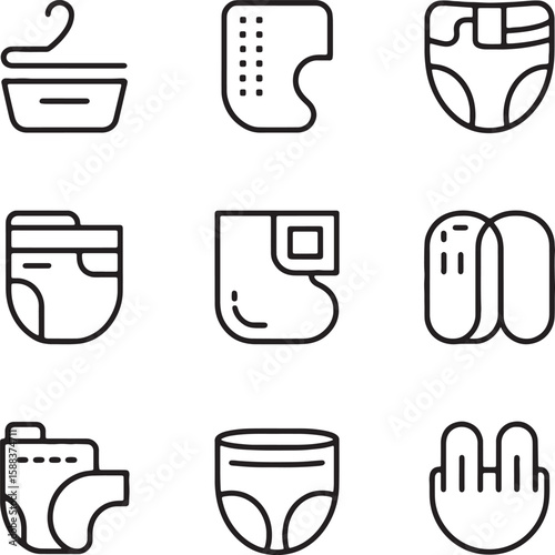Baby Diaper and Hygiene Line Icons Set – Vector Illustration for Sanitary and Childcare Concepts