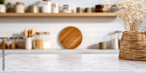 Bright modern kitchen with marble countertop and dried flowers in basket