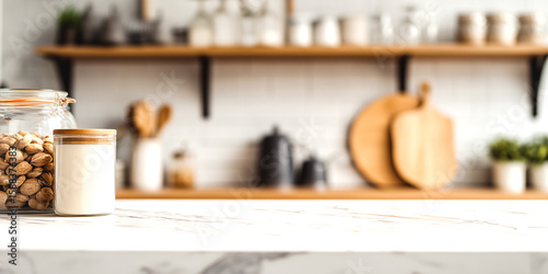 Modern kitchen counter with glass jars of nuts and grains and wooden cutting boards