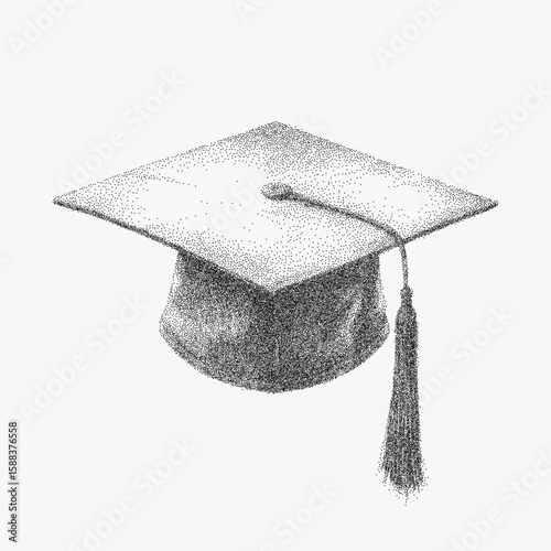 Graduation cap with a tassel. Old zine stipple drawing with bold halftone shading, grainy photocopy paper texture, threshold distortion.