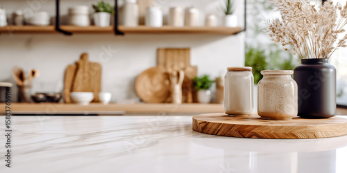 Modern kitchen counter with marble surface and decorative jars and dried grass