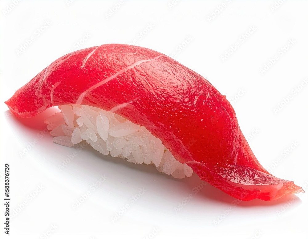 Single piece of tuna sushi on white background red tuna nigiri with rice Single piece of tuna sushi on white background red tuna nigiri with rice