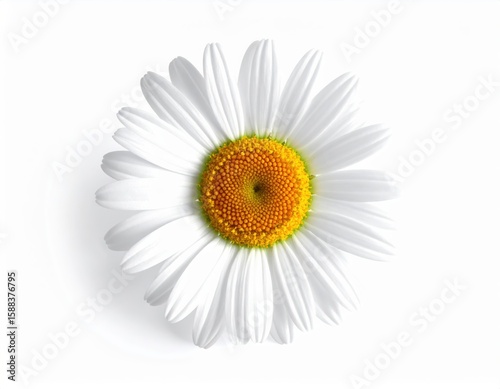 Single white daisy flower with yellow center isolated on white background