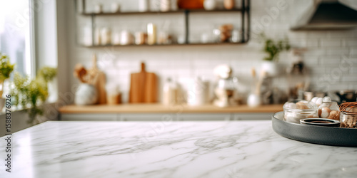 Bright modern kitchen counter with marble surface and blurred background