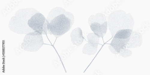 Two blue flowers, stippled artwork with gritty halftone shading, dusty photocopy texture and edgy threshold contrast lines.