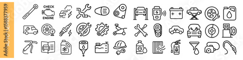 Car repair Outline illustration of 36 automotive vector icons, isolated  