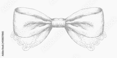 Bow made of ribbon. Old photocopy stipple sketch with speckled halftone effect, gritty print texture and threshold, lofi look.