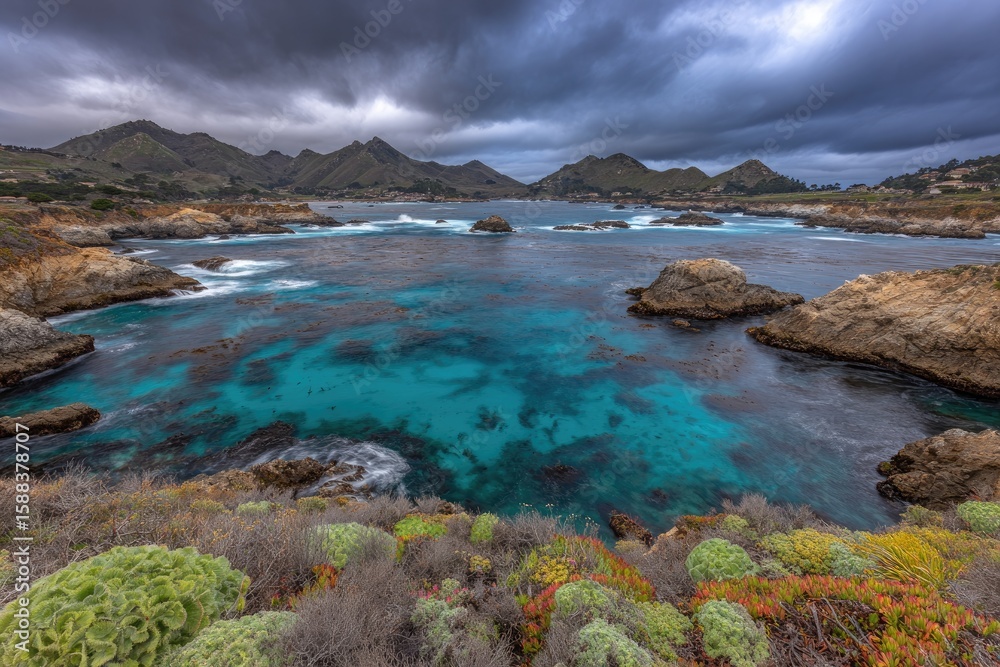 Fototapeta premium Coastal vista with turquoise water, dramatic sky and rugged coastline