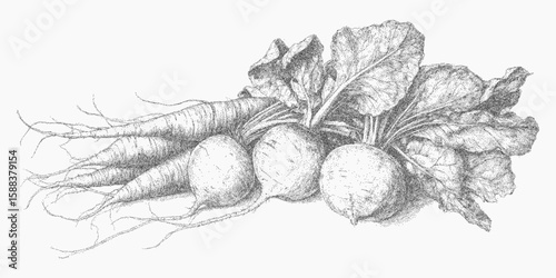 Drawing of a bunch of vegetables. Handmade stipple sketch with gritty halftone shading, rough photocopy paper texture and threshold contours.