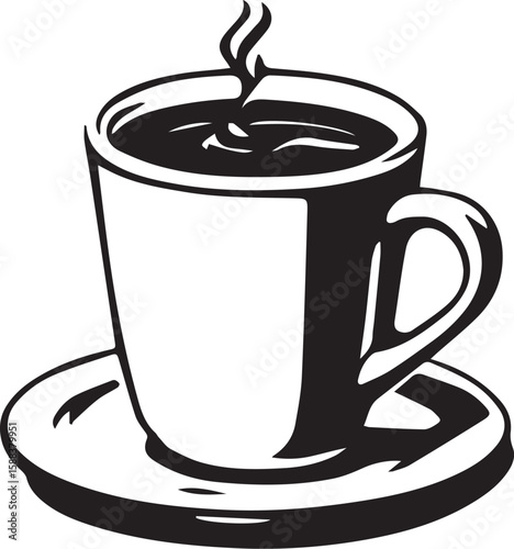 Black and white illustration of a steaming cup of coffee on a saucer