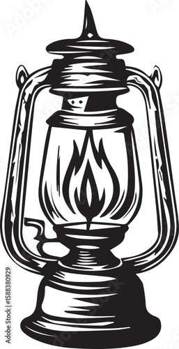 Vintage kerosene lantern with a burning flame in a classic silhouette style