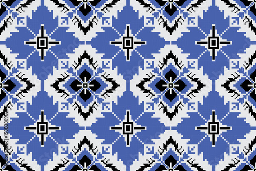 Seamless Pixel Tribal Pattern – Blue, Black and White Geometric Design