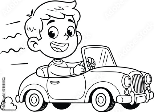 A joyful cartoon boy drives a vintage convertible car, perfect for coloring pages, storybooks, or educational materials about vehicles and adventures.