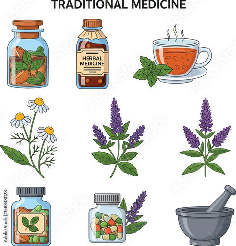 Herbal remedies, natural healing, traditional medicine illustration.