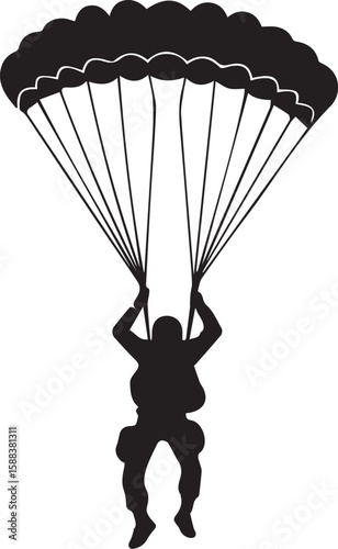 Silhouette of a skydiver descending with parachute open against white background