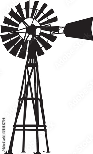 Classic american farm windmill silhouette against a white background
