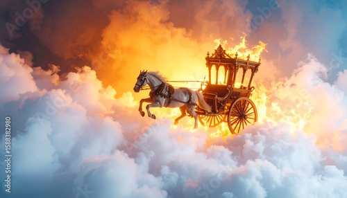 Dramatic portrayal of a fiery chariot riding across a clouded sky
