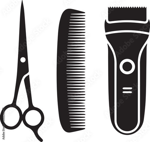 Set of professional barber tools including scissors comb and electric shaver