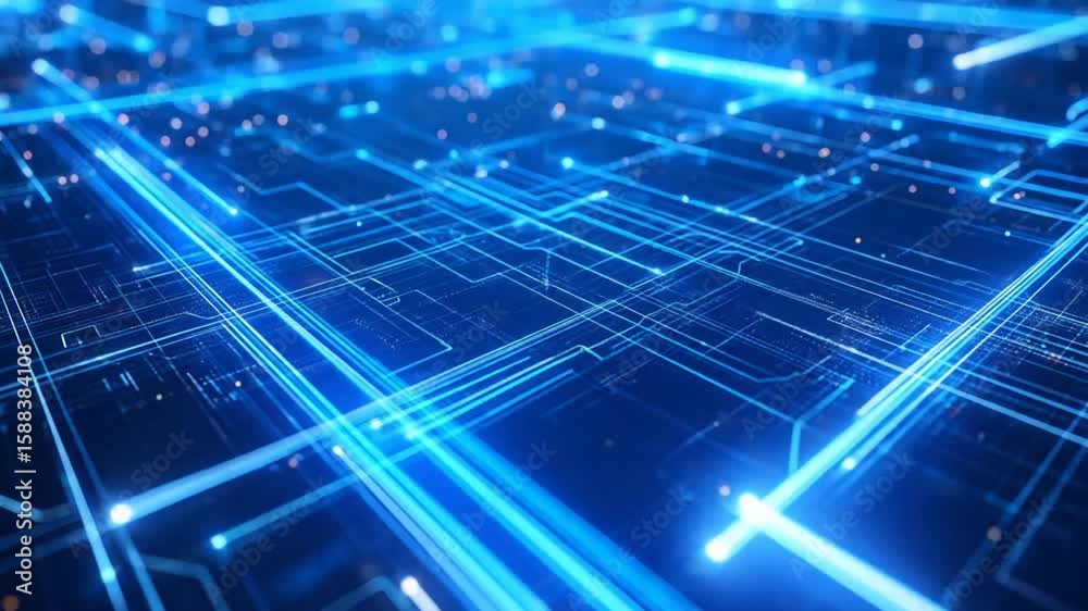 Abstract blue technology background with circuit board and data stream animation