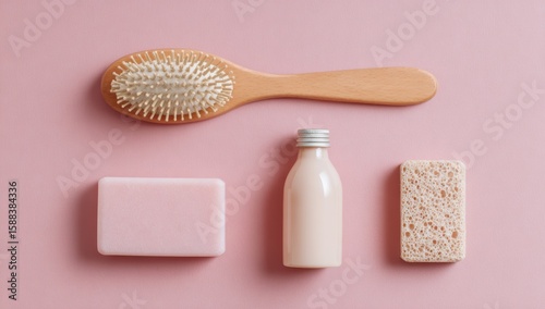 Minimalist pink background with hairbrush, soap, and shampoo bottle in flat lay arrangement for beauty product advertising, social media content, and ecommerce branding.
