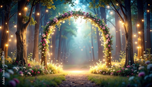 Enchanted Forest Portal, A Fairytale Landscape with Lights and Flora