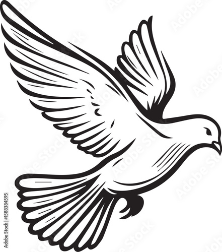 Stylized black and white line art of a dove in flight