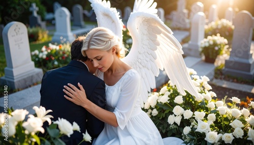 Angel comforting a grieving person at cemetery offering solace and hope