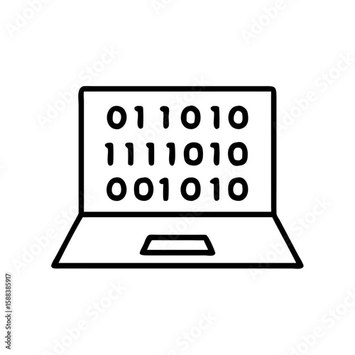 Laptop with Binary Code – Minimalist Programming Icon in Line Style on White Background