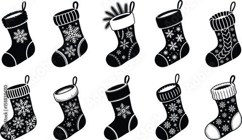 Collection of festive christmas stockings with snowflake patterns silhouette isolated on white background