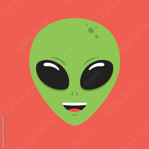 Cartoon alien head, smiling, on a vibrant red background.