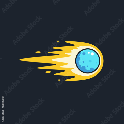 A cartoon meteoroid streaks across a dark background, leaving a fiery yellow trail.