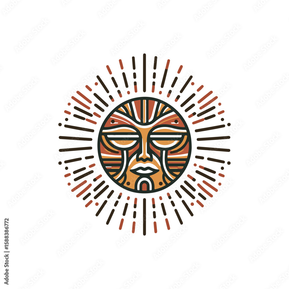 A tribal mask representing sunrise, with radiant lines A tribal mask representing sunrise, with radiant lines