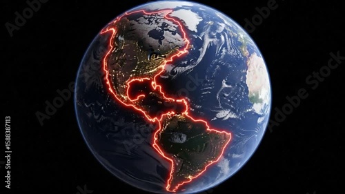 Earths tectonic plates glowing red outline of North America and South America continents from space at night with city lights visible and starry background representing geological 4K Ai HD video.

 