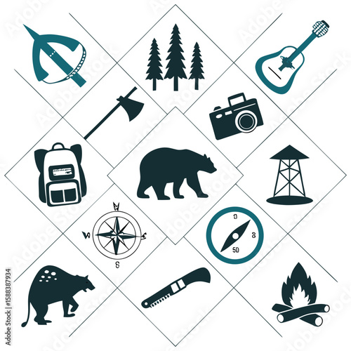 Camping icon set. Camp, tent, fishing, nature, picnic table, forest, campfire, hiking and more.illustration vector icons collection.