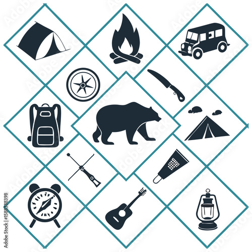Camping icon set. Camp, tent, fishing, nature, picnic table, forest, campfire, hiking and more.illustration vector icons collection.