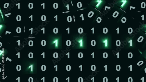 A mesmerizing digital animation featuring a binary code change in a futuristic neon green hue. The dynamic movements of the digits 0 and 1 creates an exciting high-tech atmosphere, 4K video