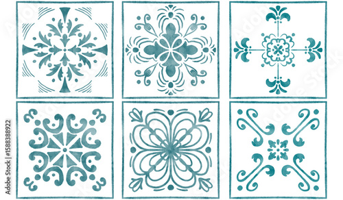 six tiles with blue watercolor patterns	