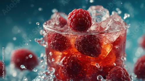 Refreshing raspberry drink with ice cubes and a splash of water around the glass