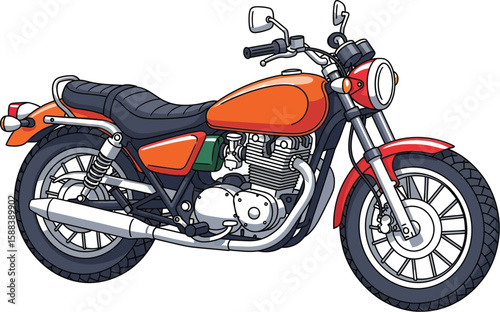 A vibrant orange motorcycle illustration showcases a classic design, perfect for transportation, design, and recreational themes with its detailed vector style.
