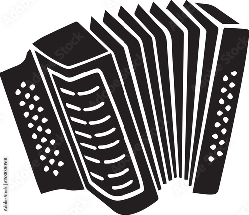 Black silhouette of an accordion musical instrument with bellows and keys