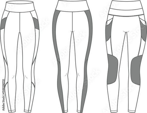 CAD drawing flat vector illustration of stylish women's leggings, fashion activewear design, garment sketch template for apparel manufacturers