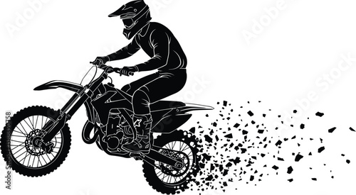 A dynamic black and white vector illustration of a motocross rider performing a jump with trailing debris.