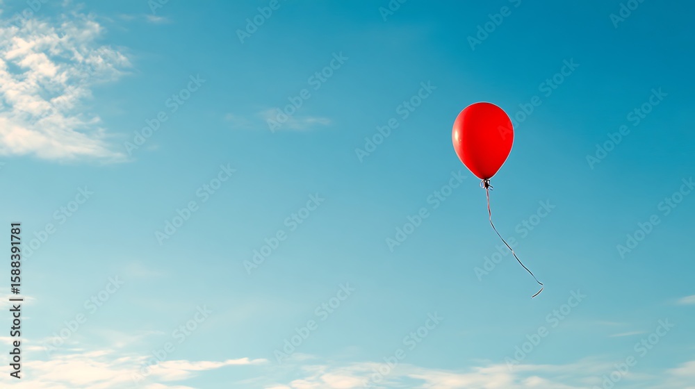 Fototapeta premium Bright red balloon rising gently in the open blue sky, evoking happiness, childhood joy, and carefree moments in a vivid and simple vertical composition.