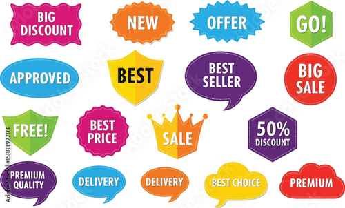 Sale stickers vector set with discount offer best price premium quality delivery and big sale labels editable