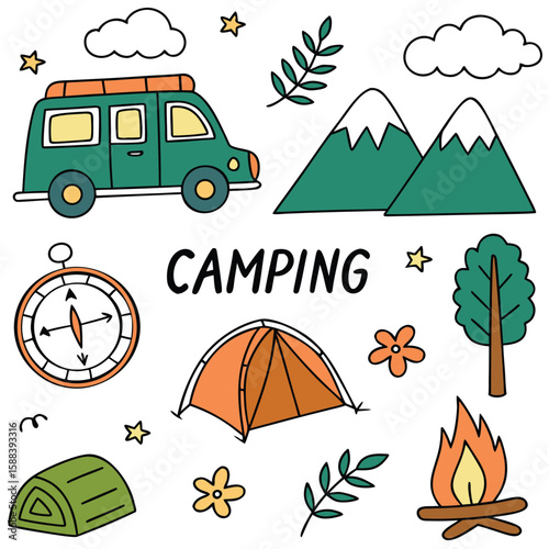 camping, outdoors icon , depicting various camping-related items and scenery