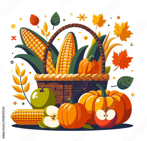 Harvest basket with pumpkins and corn on a transparent background for autumn decoration concept