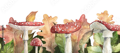Forest scene with red fly agaric mushrooms and fallen leaves. Watercolor detailed woodland botany illustration - seamless banner for bottom illustrations on cards, stationery, greeting cards, sheets