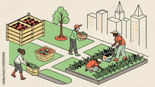 People working in a community garden with raised beds, compost, and city buildings in the background
