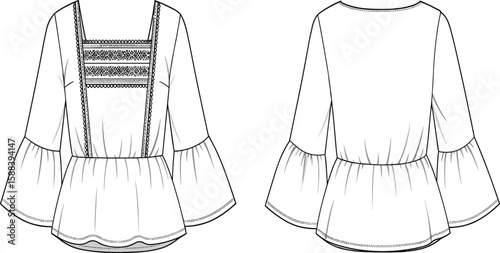 Fashionable women's blouse front and back view, lace details, bell sleeves, peplum hem, CAD drawing, flat vector illustration